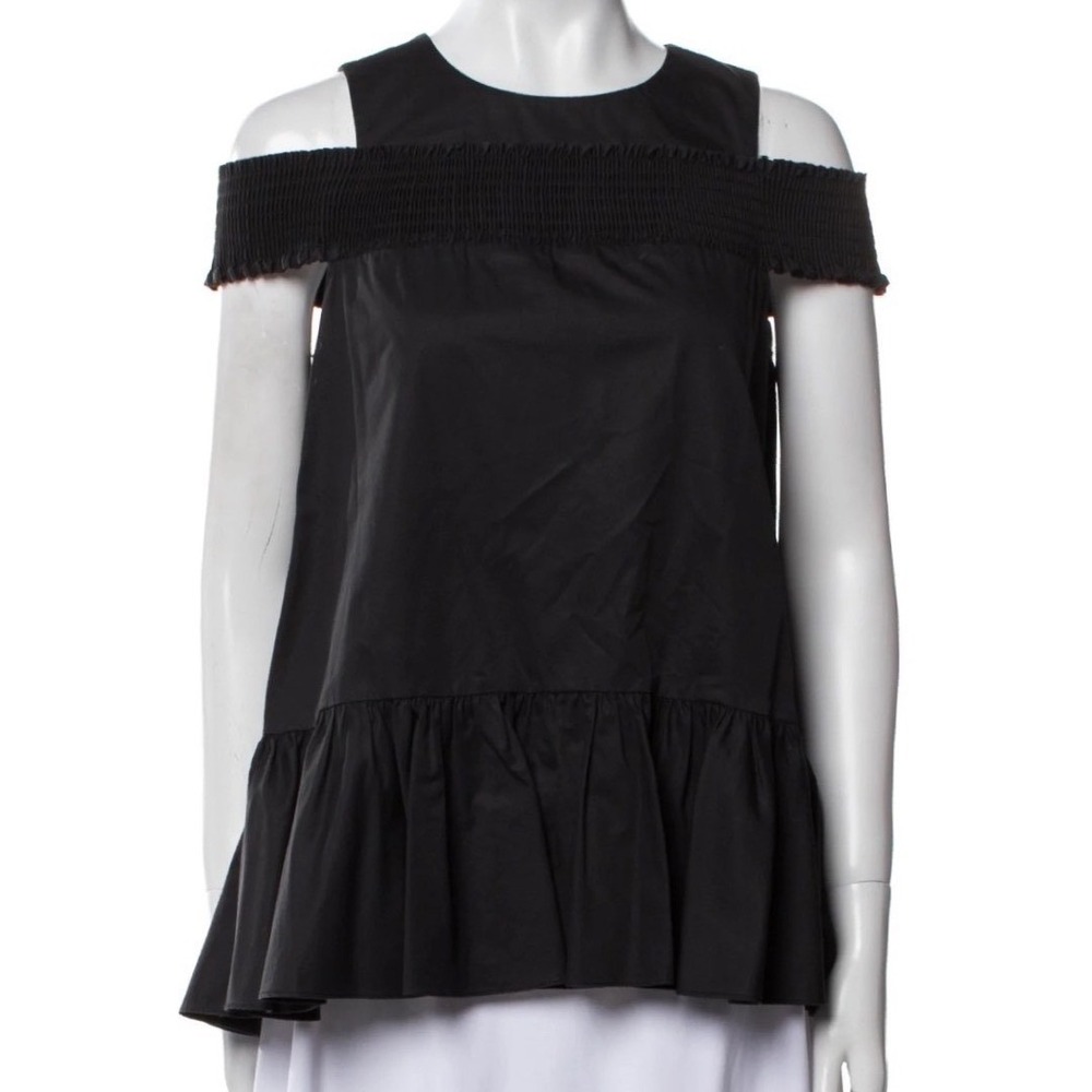 Tibi Black Cotton Smocked Cold Shoulder Peplum Top Minimalist Quiet Luxury Sz 00